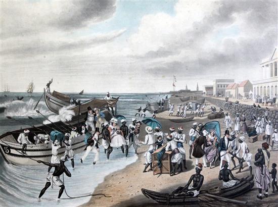 Charles Hunt after Sir James Buller East Madras, landing and embarking (from the North Beach), publ. by Ackermann 1856 overall 17 x 21.